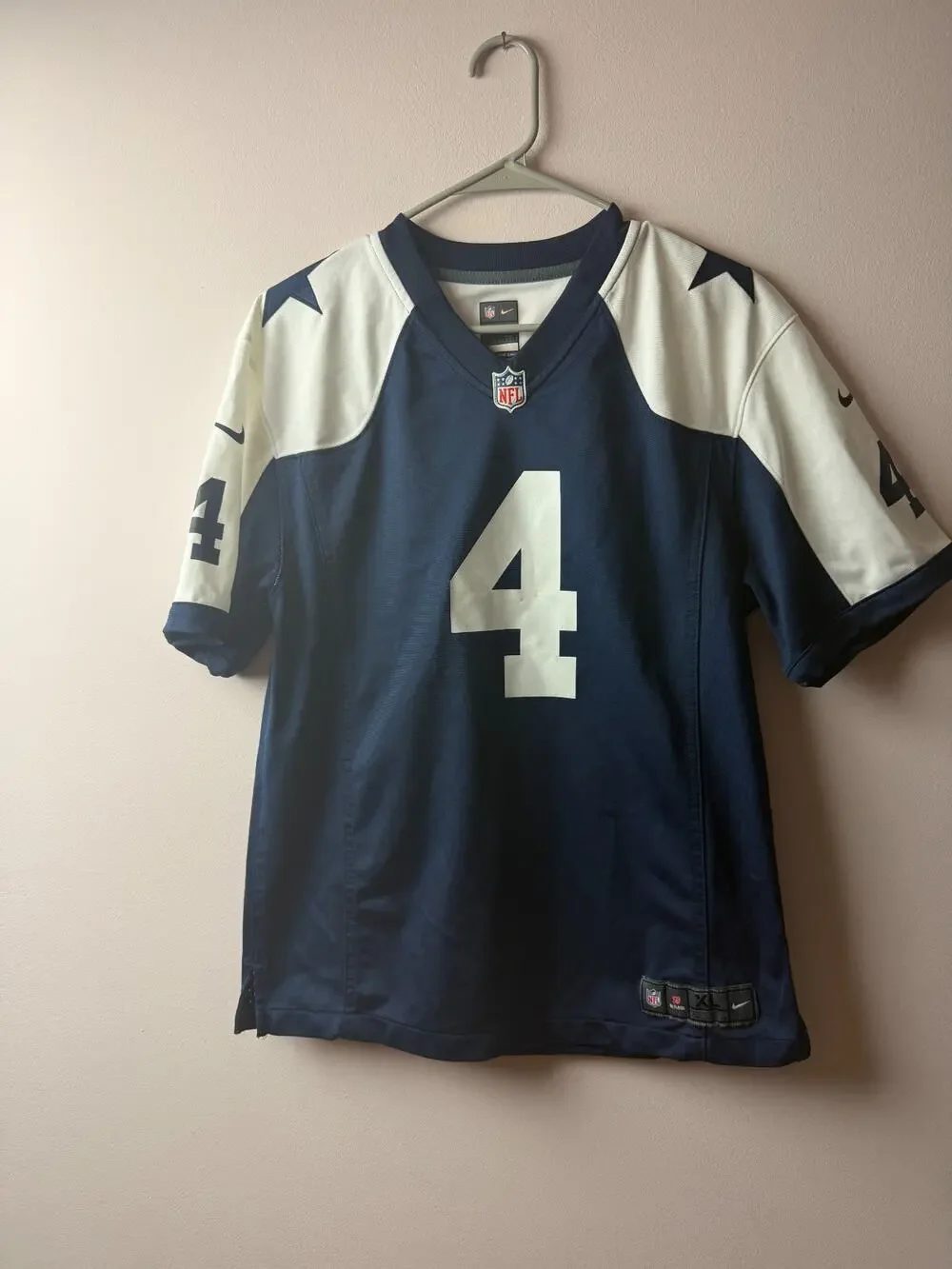 Cowboys Prescott #4 Nike NFL Jersey Youth XL 18/20 Navy White- FITS WOMAN MED/LR